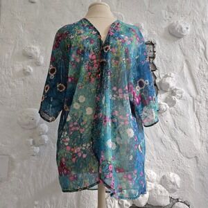 Sheer Floral Overall Wrap Blue Pink Garden Print One Size Boho Beach Coverup